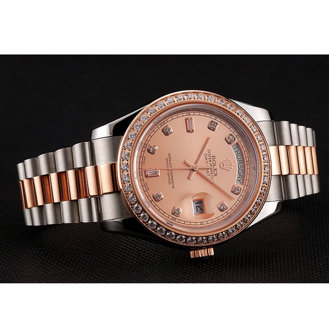 AAA Replica Watches Day-Date Bracelet Steel Rose Bezel Diamonds 1454107 And Swiss Rolex Gold Staineless 0718